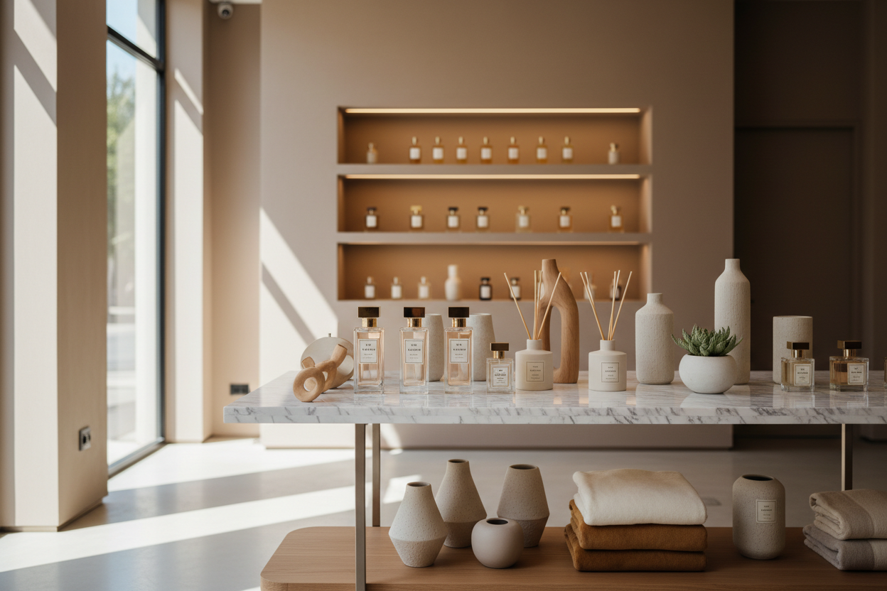 Scène épurée d'une boutique lifestyle premium, présentoir élégant avec des produits de parfumerie et décoration haut de gamme, lumière naturelle, tons neutres et chaleureux, ambiance sophistiquée et accueillante, style architectural moderne, photographie commerciale professionnelle.